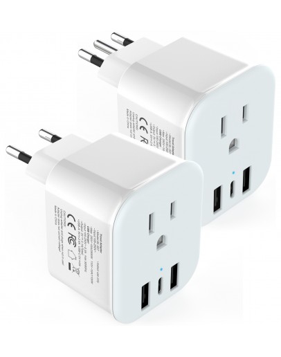 2 Pack European Travel Plug Adapter, LANUEE Italy Power Adapter with USB C Port, 2 in 1 Type C/L Foldable EU Outlet Adapter,Travel Accessories to Greece,Israel,France, Spain