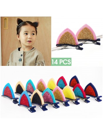 2 inch Felt Cat Ears Hair Clip, Glamfields 14pcs Cute Glitter Sparkly Small Hair Barrettes for Toddlers Girls Kids Party Cosplay