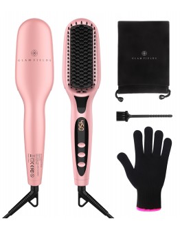 Ionic Straightening Brush, GLAMFIELDS Hair Straightener Brush with Anti-Scald, Anti Frizz, 30s Fast Ceramic Heating, Auto Temperature Lock & Auto-Off, Dual Voltage Straightening Comb for Home, Travel. Pink