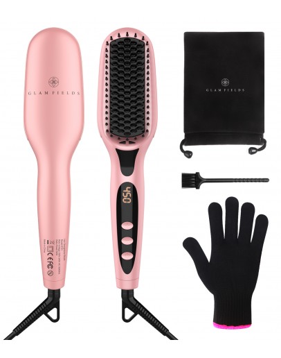 Ionic Straightening Brush, GLAMFIELDS Hair Straightener Brush with Anti-Scald, Anti Frizz, 30s Fast Ceramic Heating, Auto Temperature Lock & Auto-Off, Dual Voltage Straightening Comb for Home, Travel. Pink