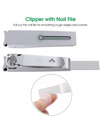 GLAMFIELDS Nail Clipper with Catcher, No Splash Fingernail Toenail Clipper Stainless Steel Nail Cutter Nail Trimmer for Men and Women, Packed with Leather Pouch, Silver