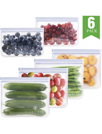 6pack reusable food storage bags - Glamfields BPA Free Leak-proof Snacks Bags for kids Adult Lunch | Freezer | Fruit | Travel - FDA Certified